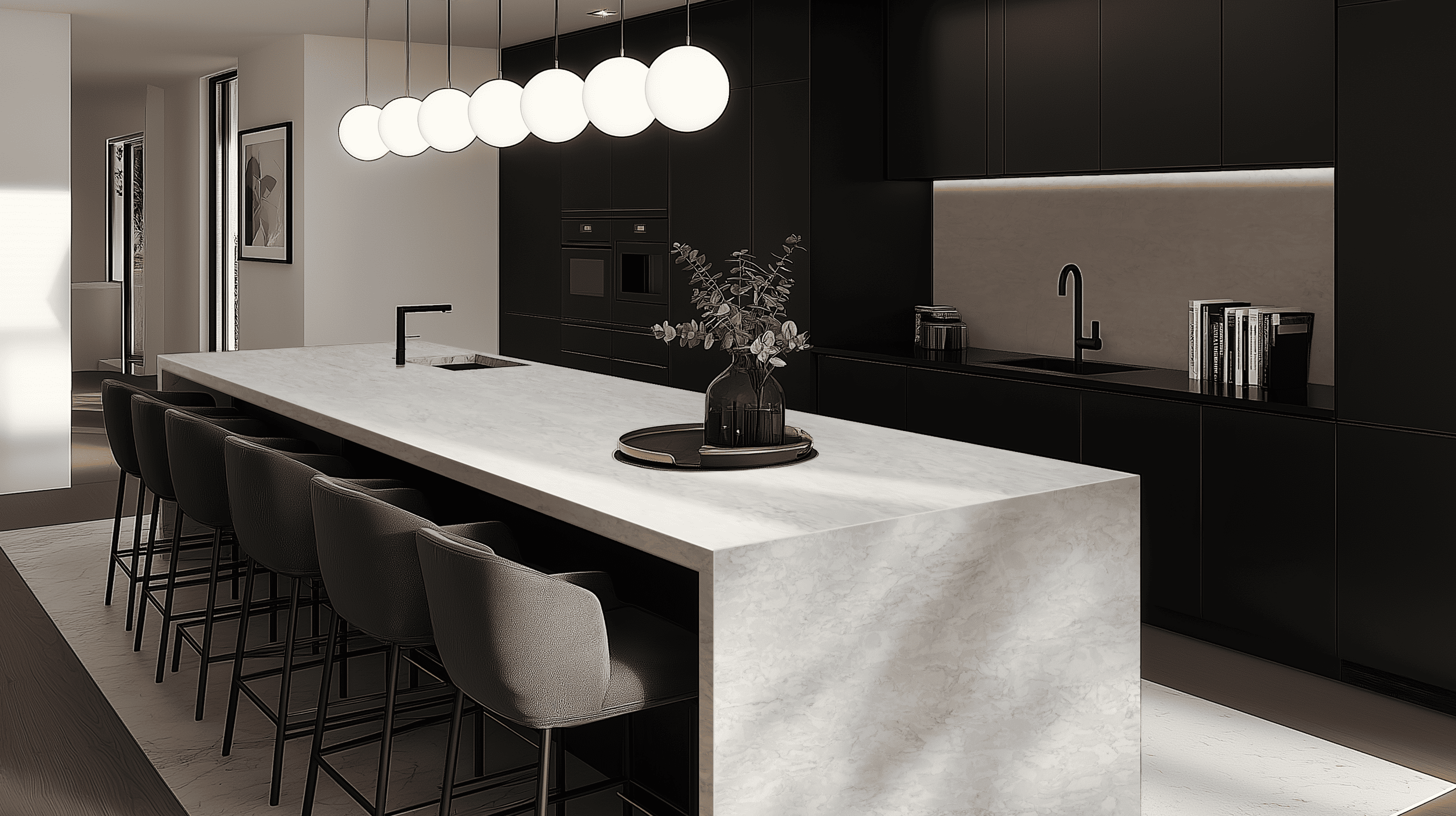 Custom engineered stone kitchen island countertop in a modern residential design by RUNPIN