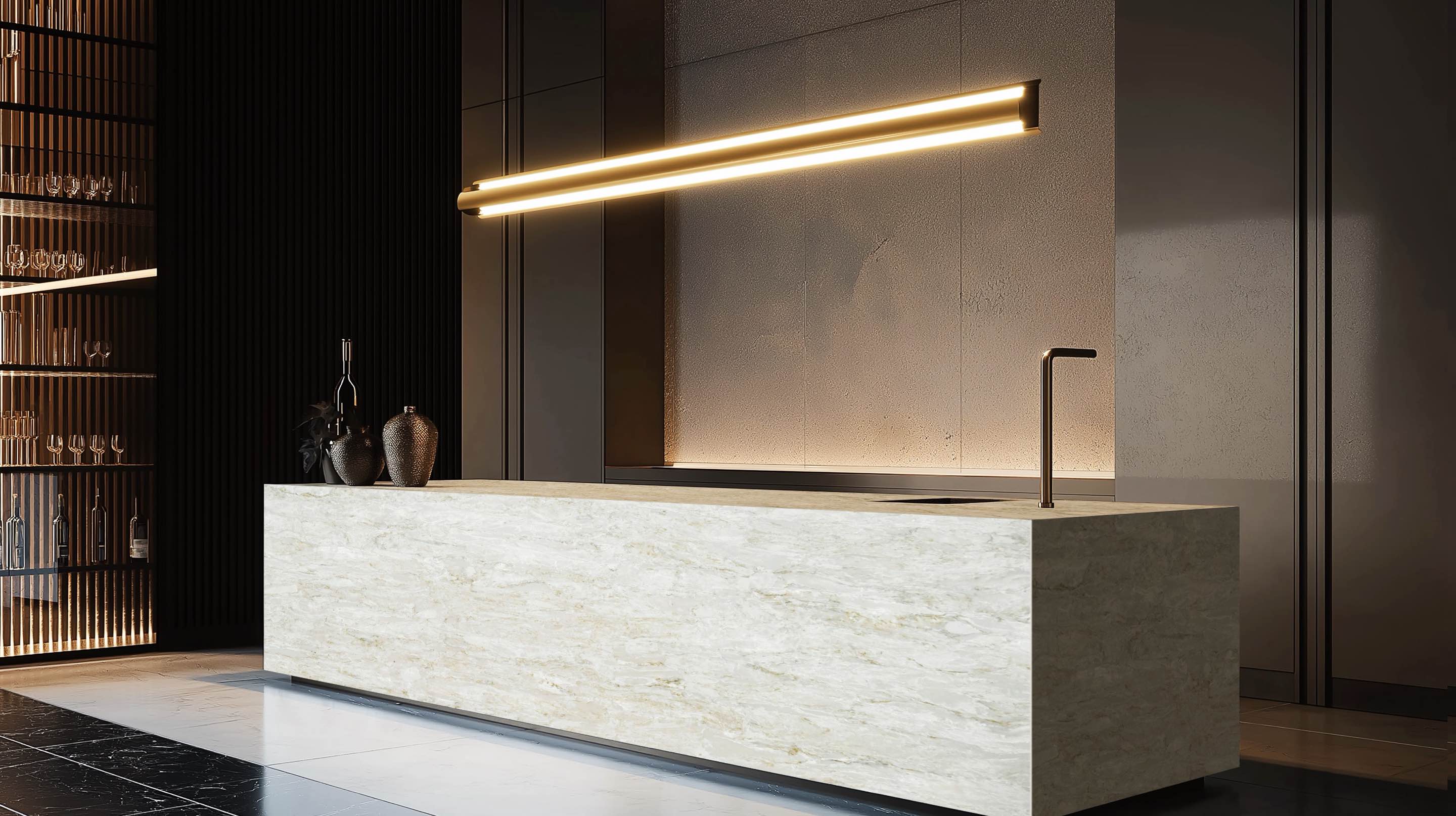 Luxury artificial stone bar counter and reception desk in a modern commercial space by RUNPIN