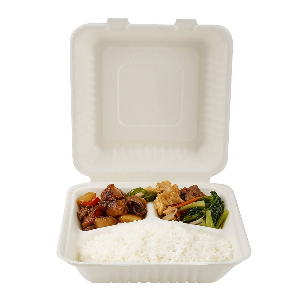 SUGARCANE BAGASSE CLAMSHELL BOXES - 9 inch 3-compartment clamshell lunch box