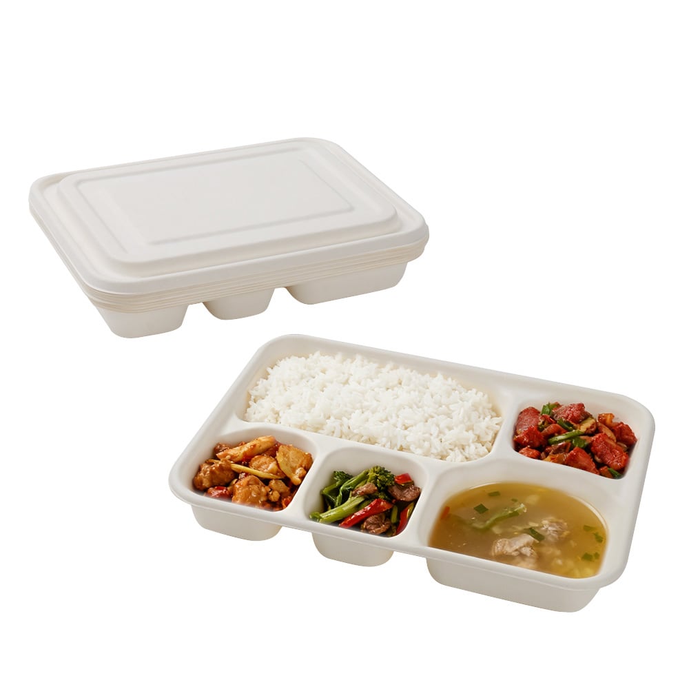 SUGARCANE BAGASSE PLATES - 285*220*33MM 5 COMPARTMENT PLATE WITH A LID