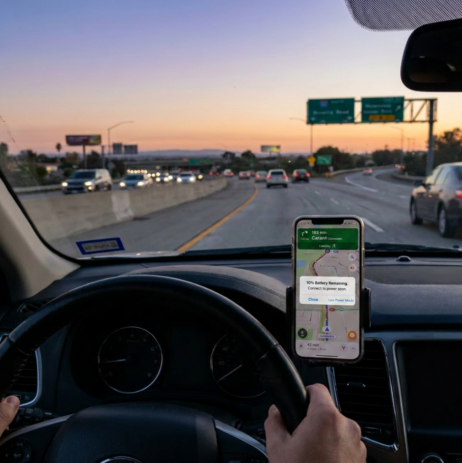 Person charging smartphone with portable power bank device while stranded on roadside next to car