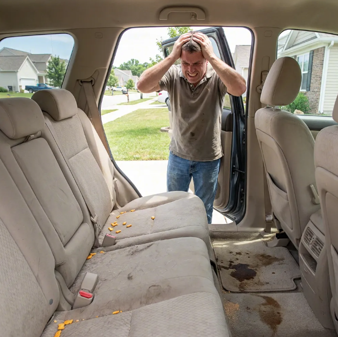 Cordless handheld vacuum cleaner removing pet hair and crumbs from car back seat after family road trip