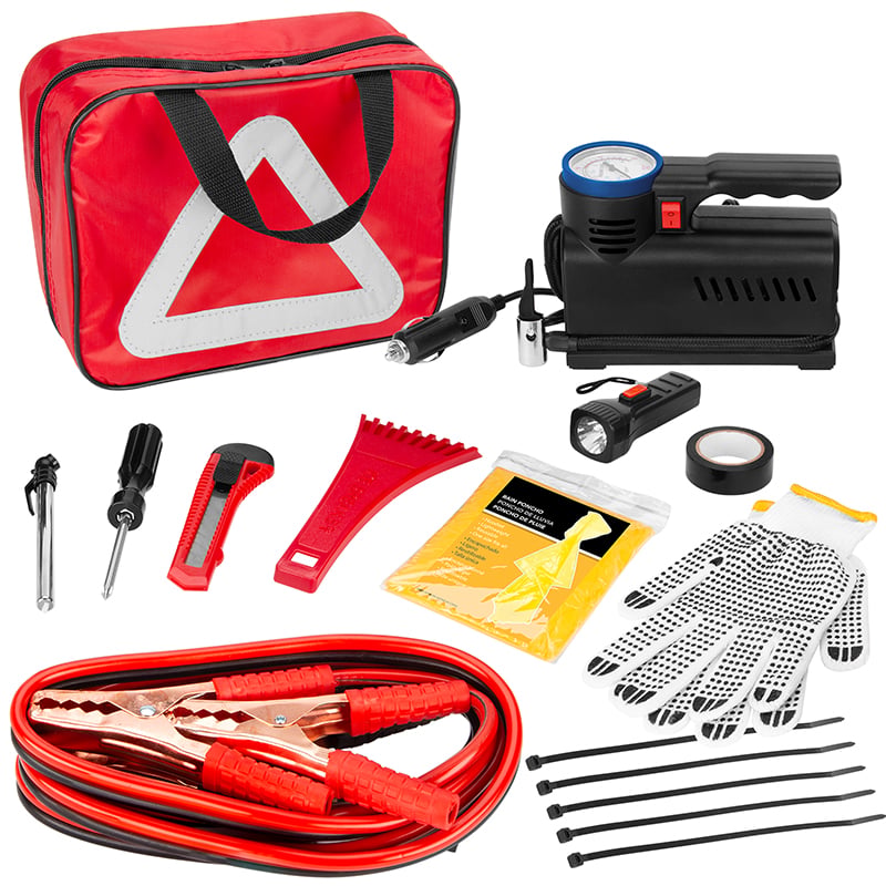 22 PC Entry Level Roadside Assistance Kit Including Air Compressor, Jumper Cables, Flash Light, Snow/ice Scraper