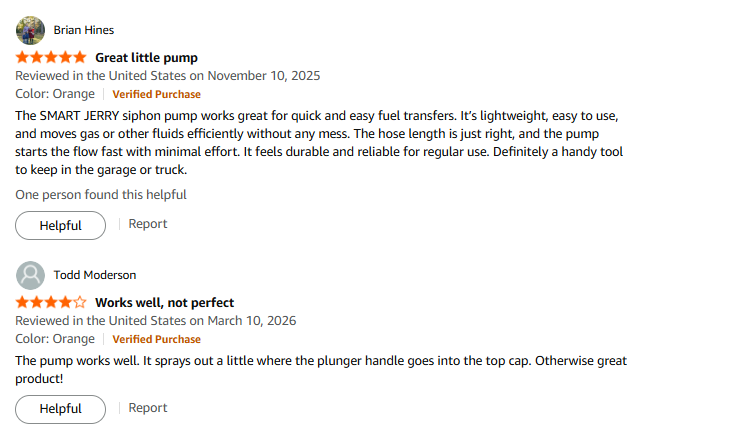 Amazon verified buyer review 3 — SMART JERRY manual siphon pump