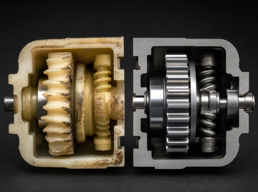 plastic gear vs sintered steel gear comparison inside tire inflator gear box