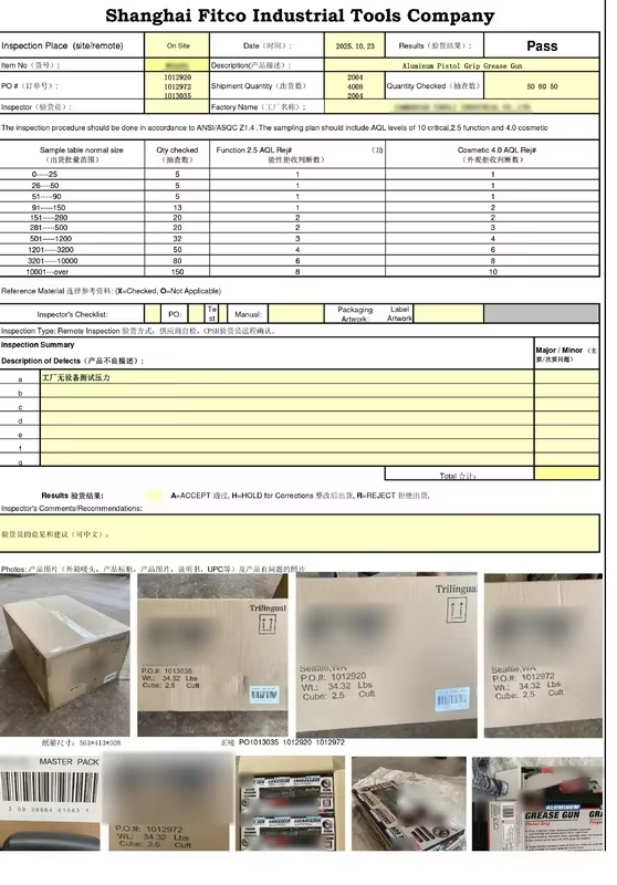 Third-party QC inspection report for Fitco tire inflator — ANSI/ASQC Z1.4 AQL 2.5 Pass