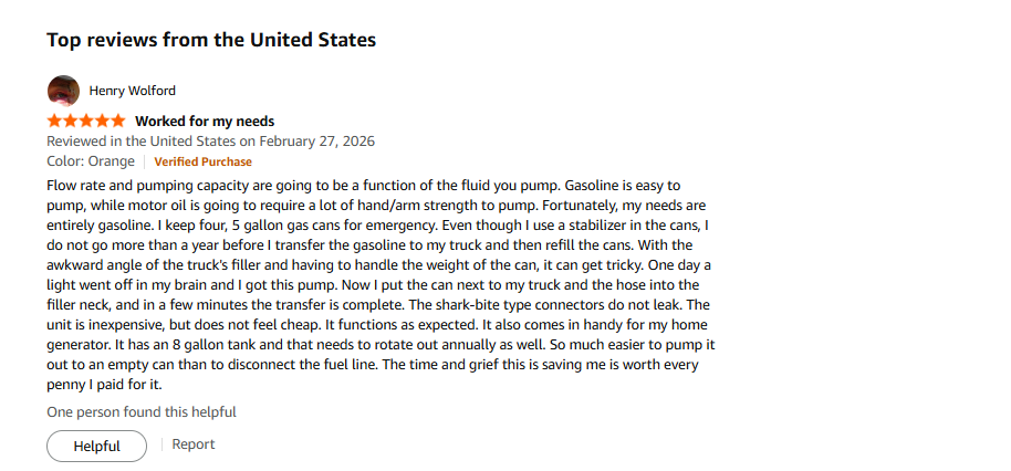 Amazon verified buyer review 2 — SMART JERRY manual siphon pump