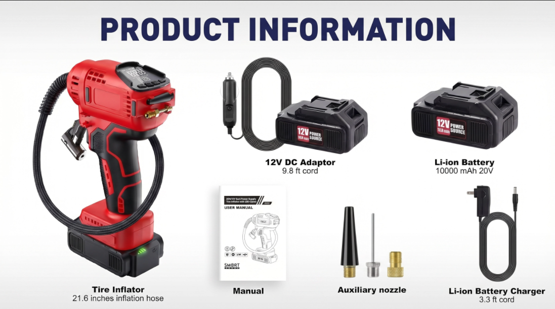 Handheld Cordless Tire Inflator with 20V Rechargeable Battery and 12V Car Power Adapter Digital Pressure Gauge 