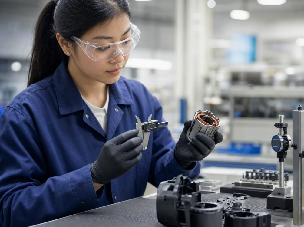 QC inspector measuring motor winding with caliper during tire inflator quality inspection