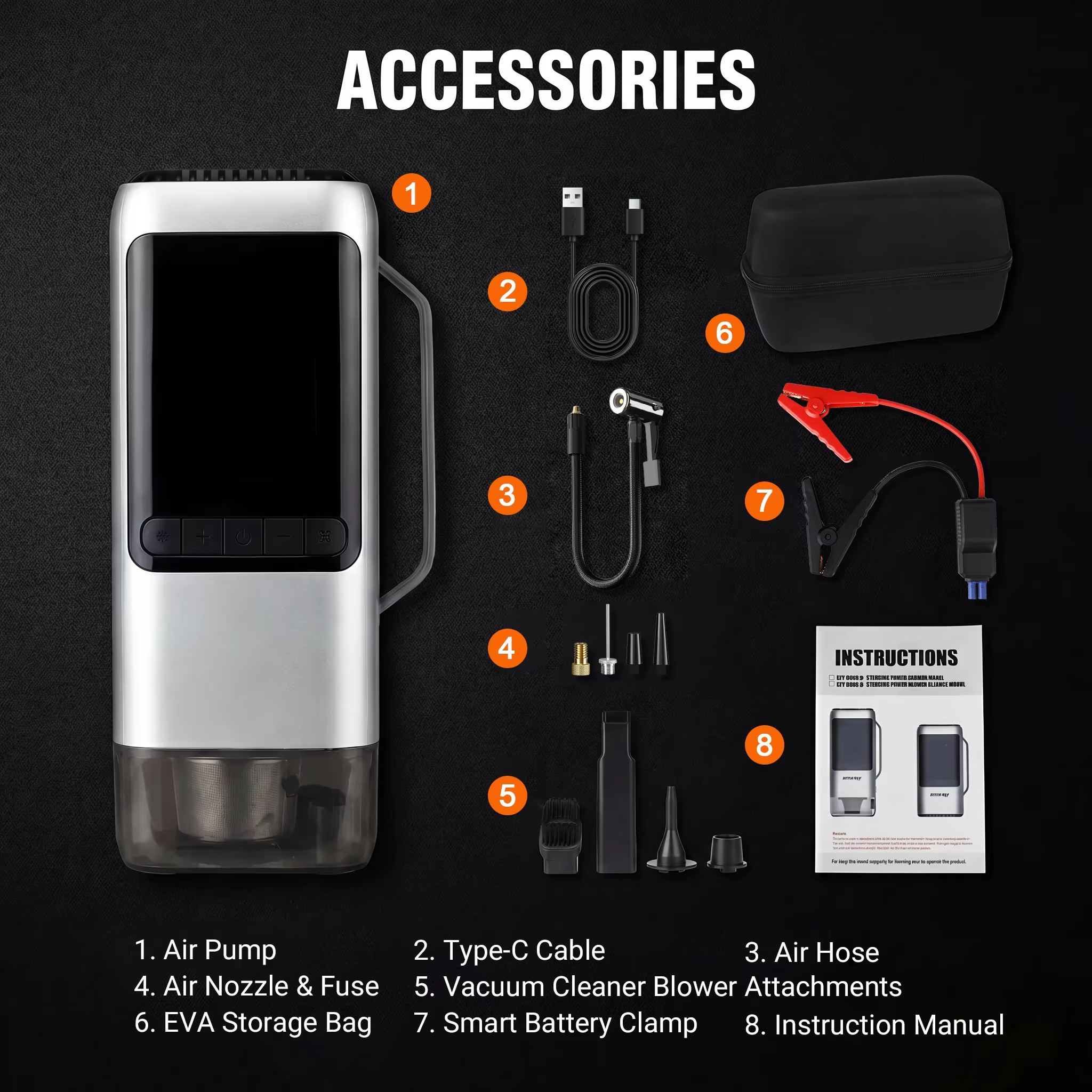 FITCO U26021 complete accessories — Type-C cable, air hose, air nozzles, vacuum and blower attachments, smart battery clamp, EVA storage bag