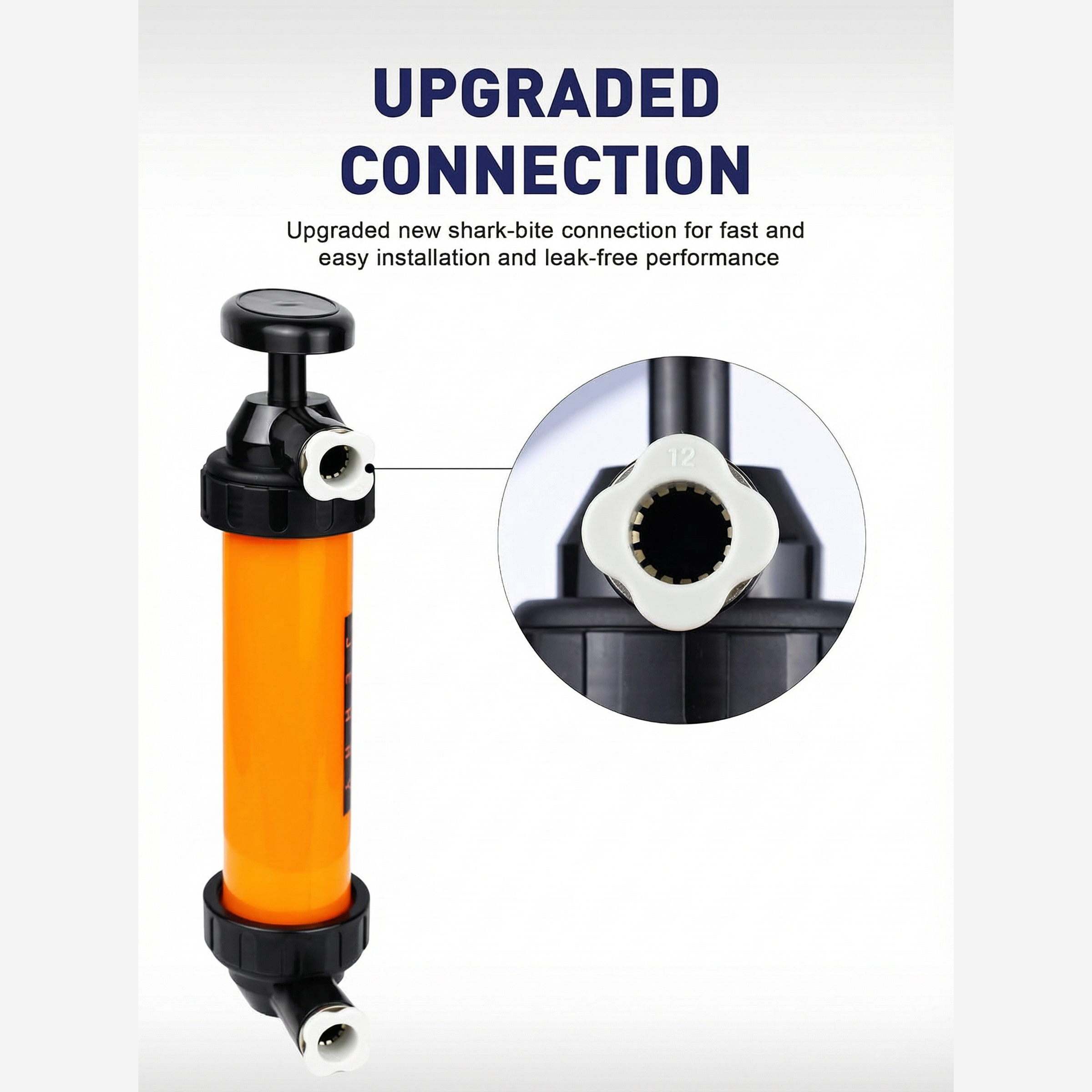 SMART JERRY manual siphon pump shark-bite hose connection mechanism close-up