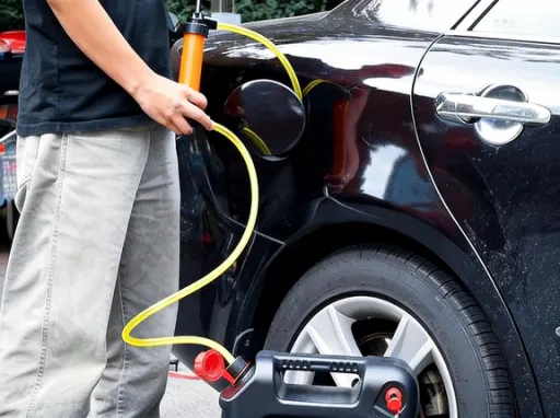 Manual siphon pump used for emergency fuel transfer from gas can to car fuel tank on remote road