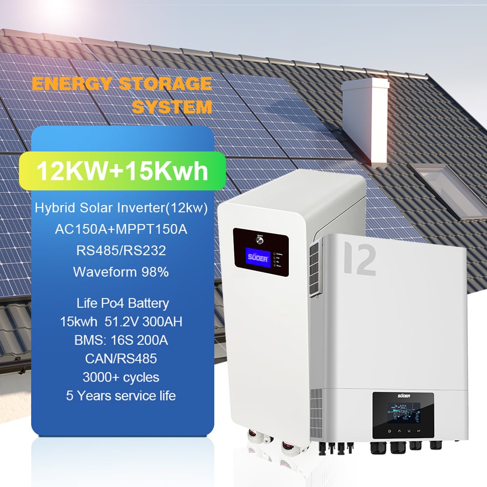 Nuwe 12 kW-hibriede sonkragaf-net-omskakelaarsisteem met 15 kWh–300 Ah litiumyster-lyfepo4-batterye