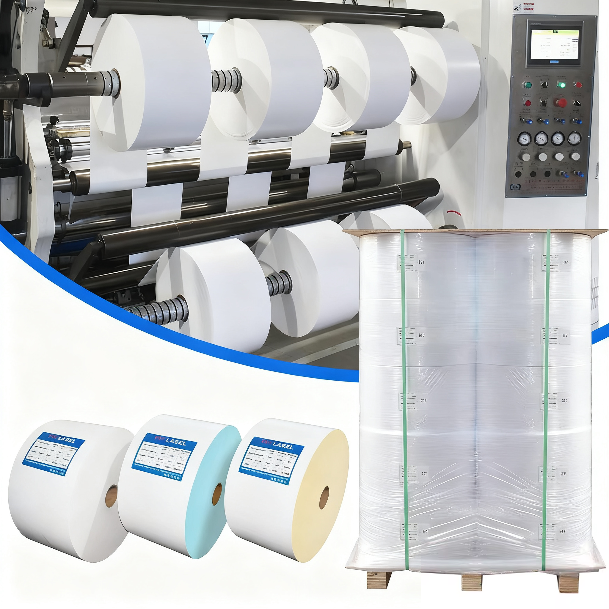 Werkseitige Lieferung 70g Eco 75g Top Direkt-Thermo-Aufkleber selbstklebendes Papiermaterial Jumbo-Etikettenpapier Thermoretiketten-Jumbo-Rolle