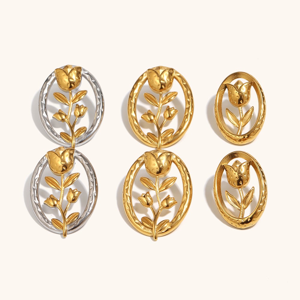 Tulip Motif Oval Stud Earrings Set
