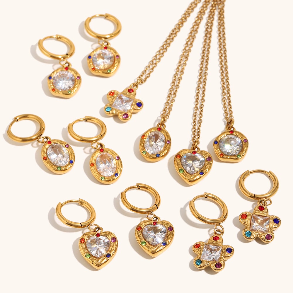 Kalung Liontin Zirkon Berwarna-Warni Berbentuk Hati / Set Anting-anting Gantung