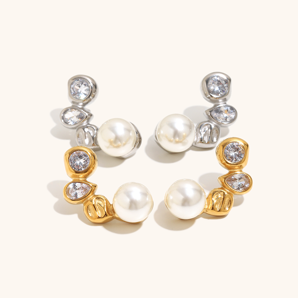 C Shape Imitation Pearl Zircon Stud Earring