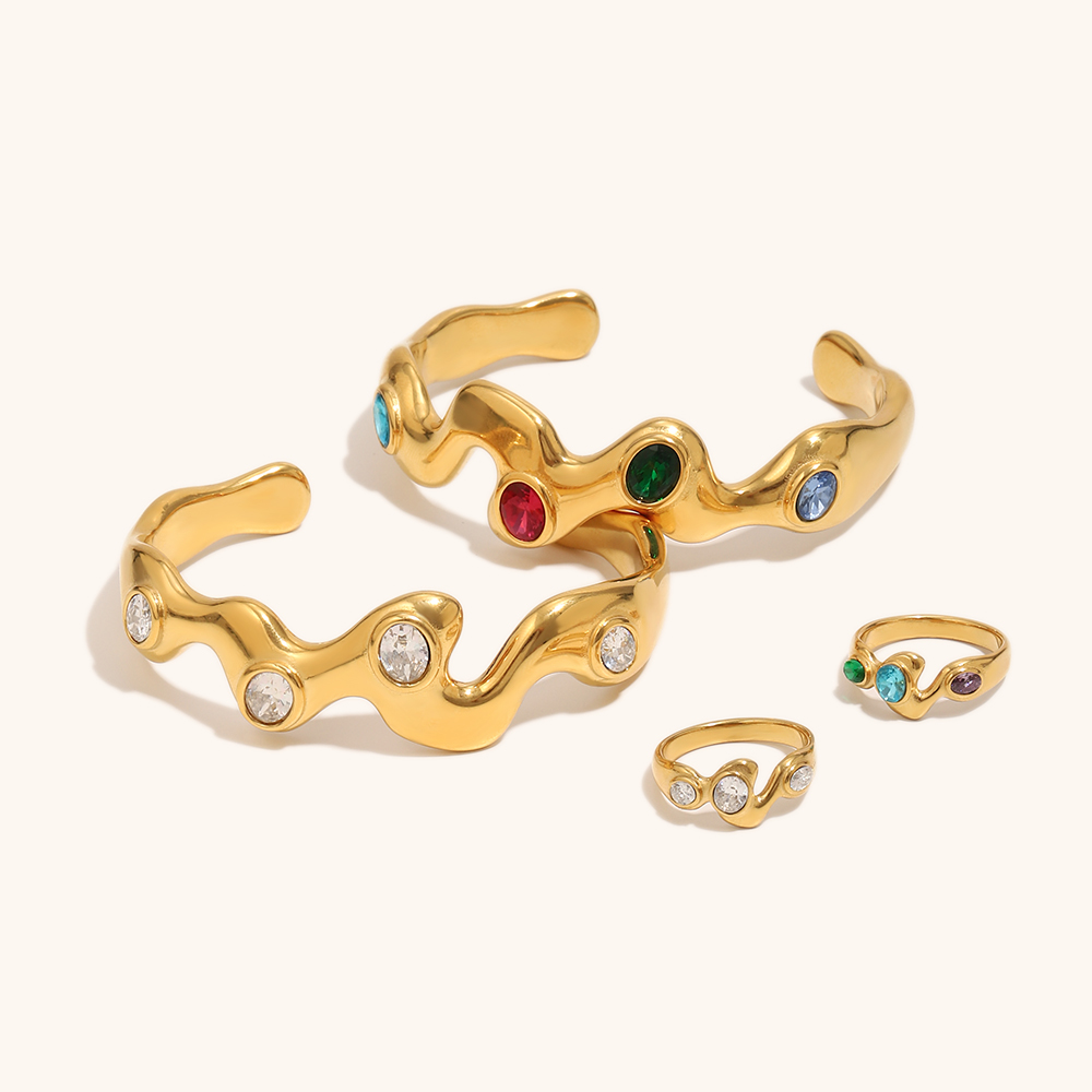 Water Wave Colorful Zircon Cuff Bangle / Ring