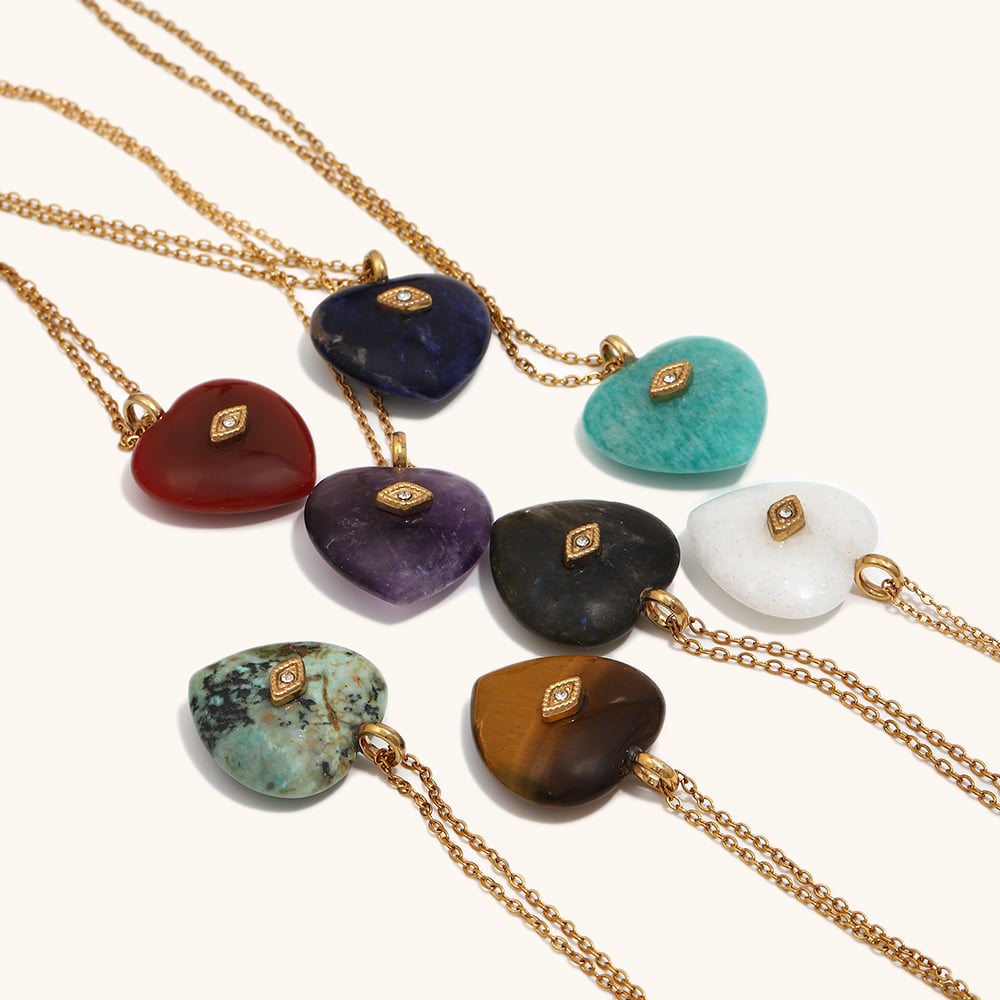 Natural Stone Zircon Eye Heart Pendant Necklace Set