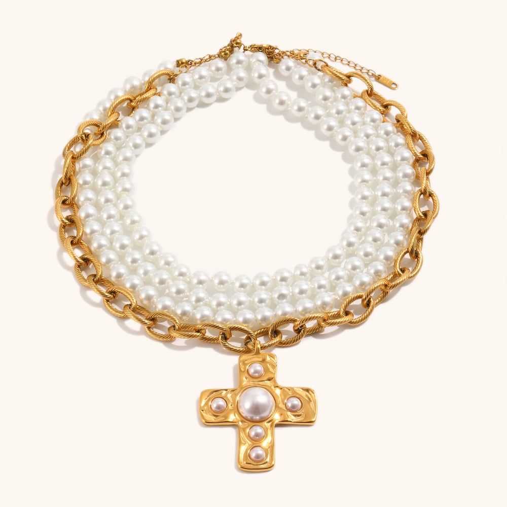 Statement Layered Imitation Pearl and Link Chain Cross Necklace