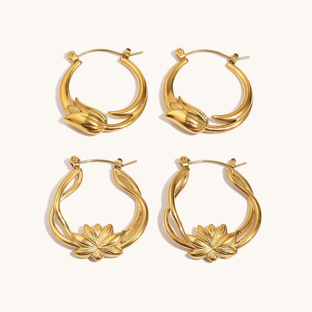 18k Gold Plated Lotus Floral Hoop Earrings Set