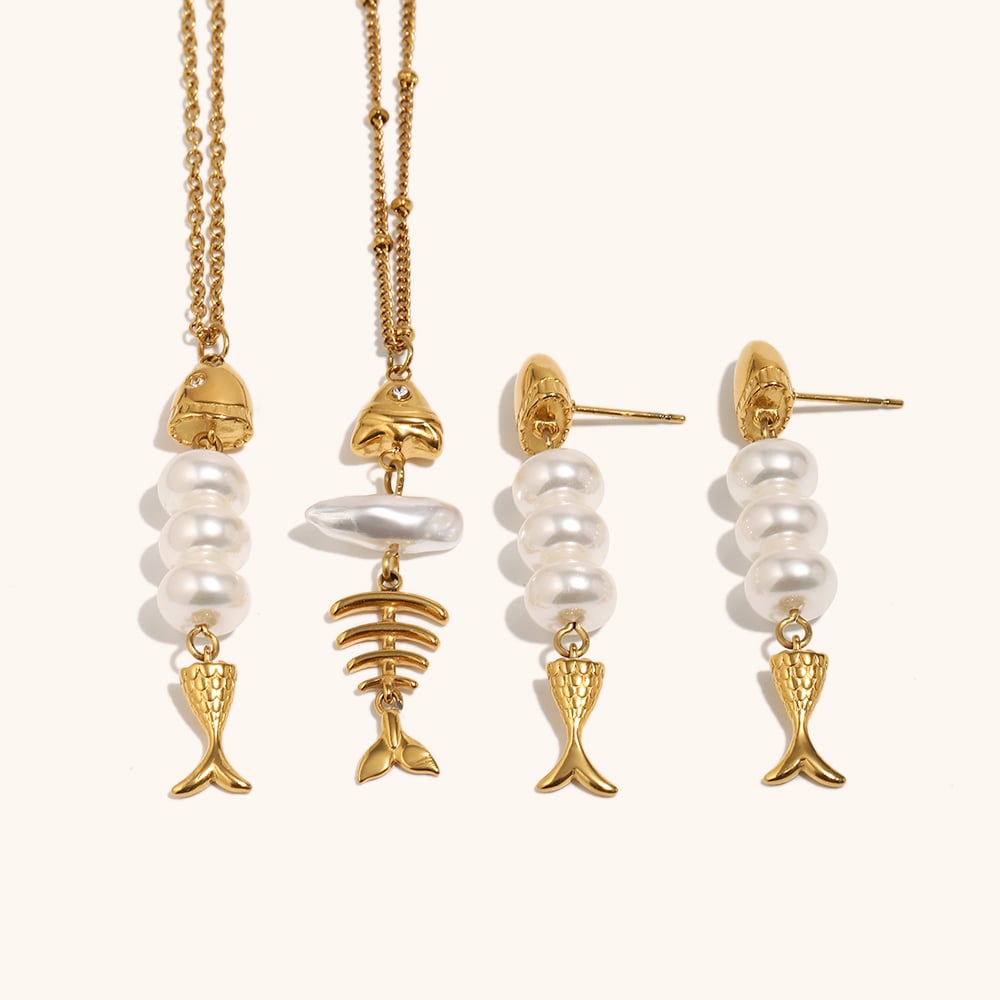 18K Gold-Plated Stainless Steel Earrings & Necklaces with Imitation Pearls
