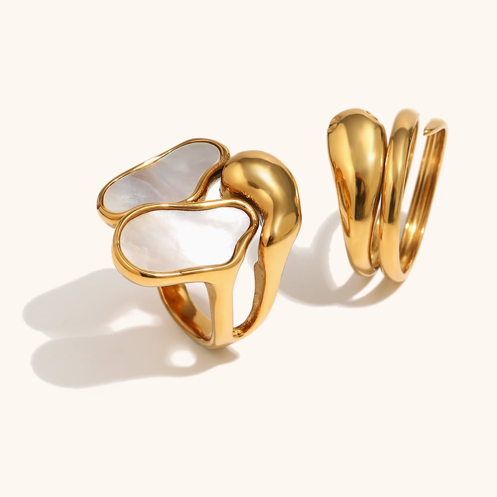 Natural Shell Statement & Adjustable Sculptural Band Rings Set