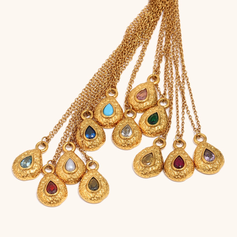Vintage Zircon Birth Stone Water Drop Pendant Necklace