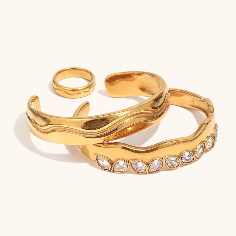 18k Gold Plated JewelryWater Drop Zircon Cuff Bangles / Ring Set