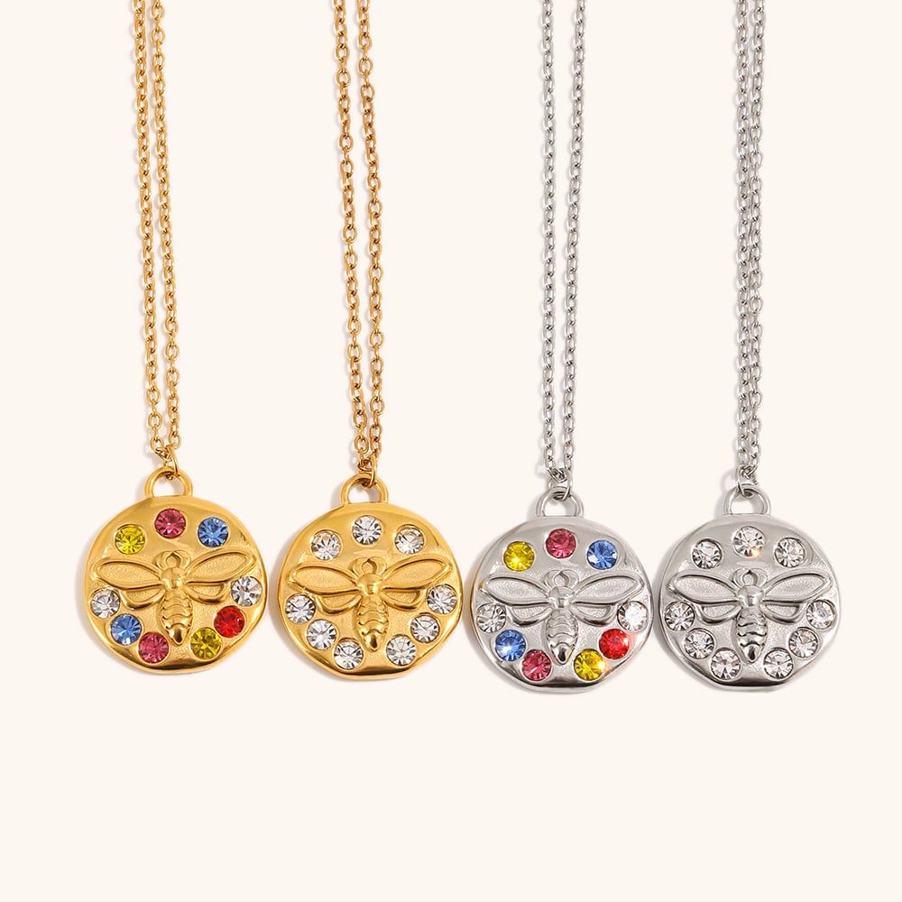 Engraved Bee Colorful Zircon Pendant Necklace