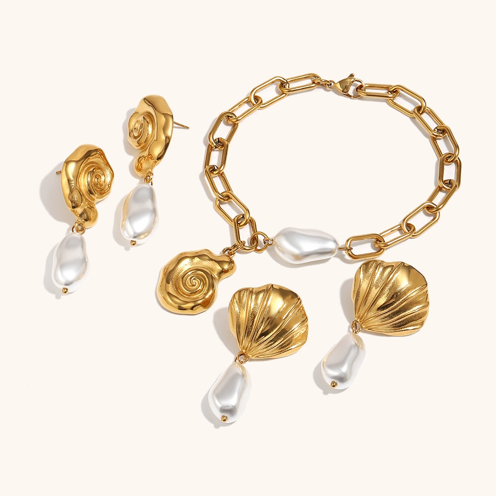 Imitation Pearl Conch Design Charm Bracelet / Drop Earrings Set