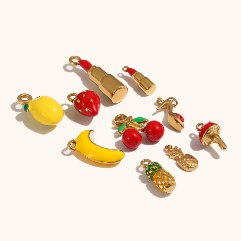 Enamel Fruit Lipstick Gold Plated Pendants Set