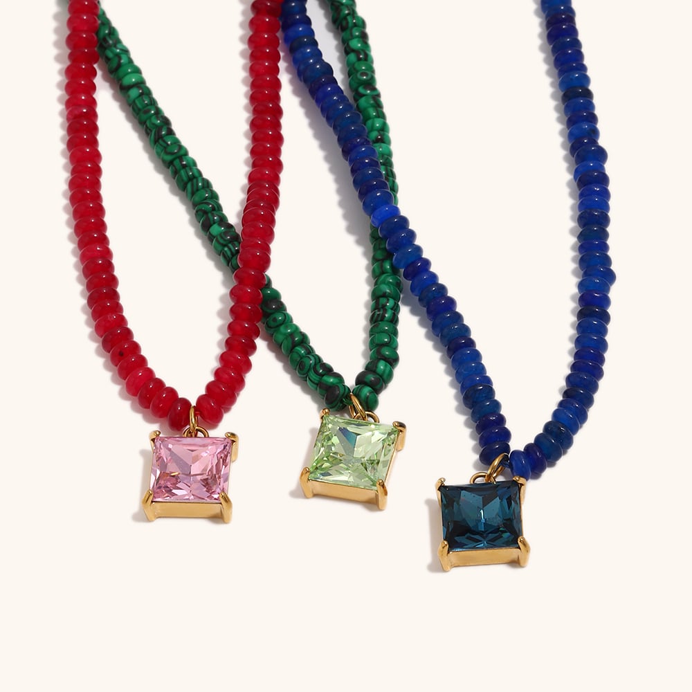 Square Rhinestone Charm Agate Beaded Chain Necklace