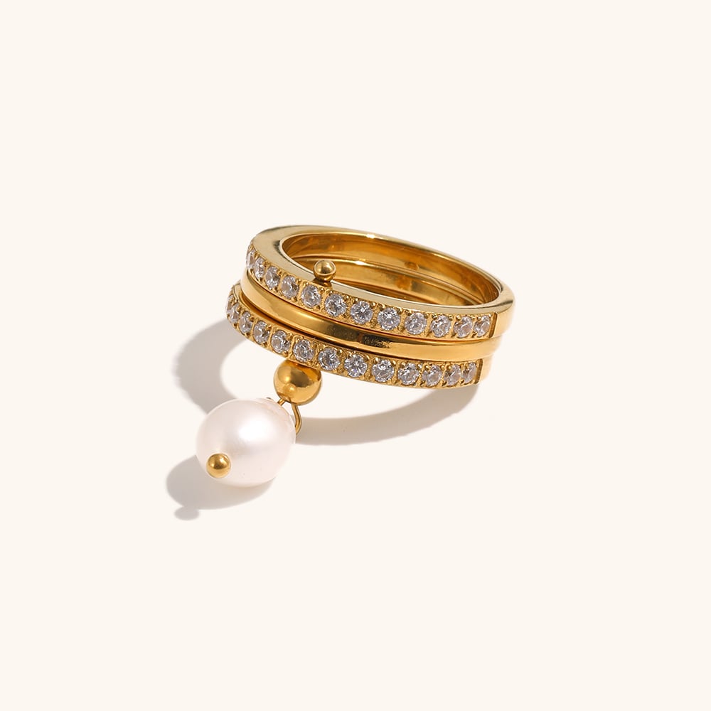 There Layer Pearl Charm Zircon Stacking Ring