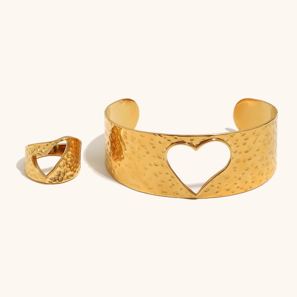 Hammered Hollow Heart Cuff Bangle / Ring