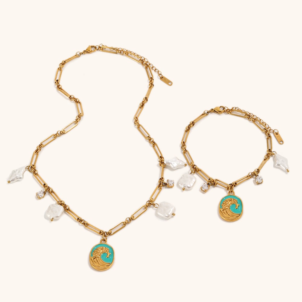 Vintage Imitation Pearl Enamel Sea Wave Necklace / Bracelet