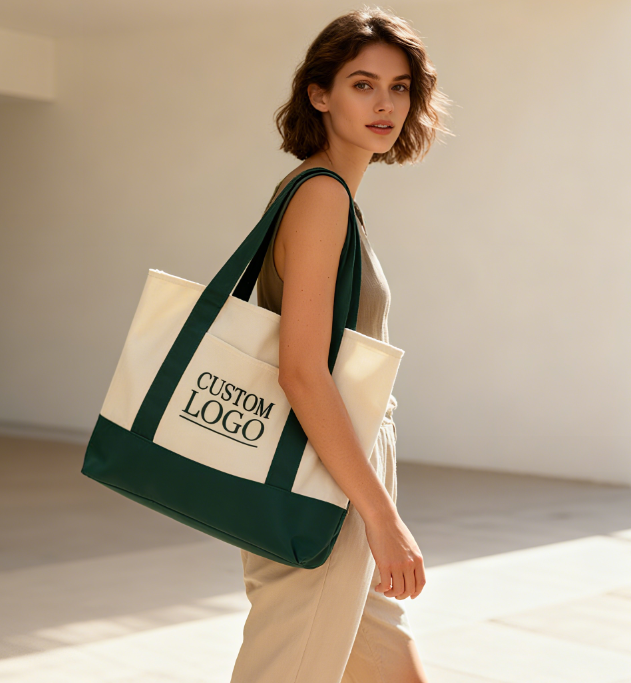 Bolso de hombro de lona personalizado de fábrica, verde, con parches, reutilizable, de gran capacidad, bolso de compras de algodón, bolso de almacenamiento