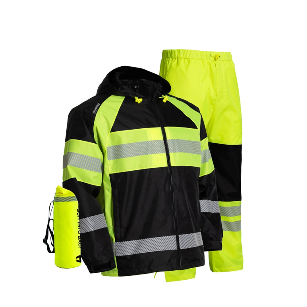 JIADE WorkPro Series Men's EN ISO 20471 High-Visiblity Waterproof Packable Shell Rain Jacket & Rain Pants & Rip-Stop Bag