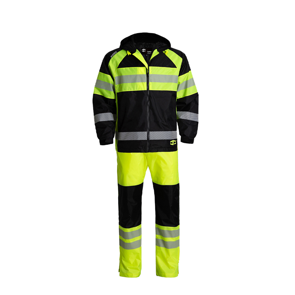 JIADE WorkPro-serie heren waterdichte, opvouwbare regenjas en regenbroek volgens EN ISO 20471 voor hoge zichtbaarheid, inclusief rip-stop-opbergzak