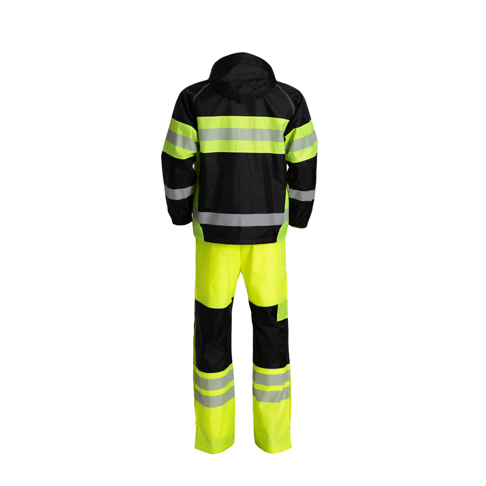 JIADE WorkPro-serie heren waterdichte, opvouwbare regenjas en regenbroek volgens EN ISO 20471 voor hoge zichtbaarheid, inclusief rip-stop-opbergzak