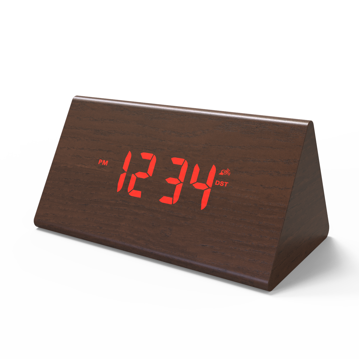 Sveglia LED da scrivania in modalità intelligente a forma di triangolo, caricatore wireless, calendario elettronico in legno, termometro domestico compatto per uso interno su scrivania