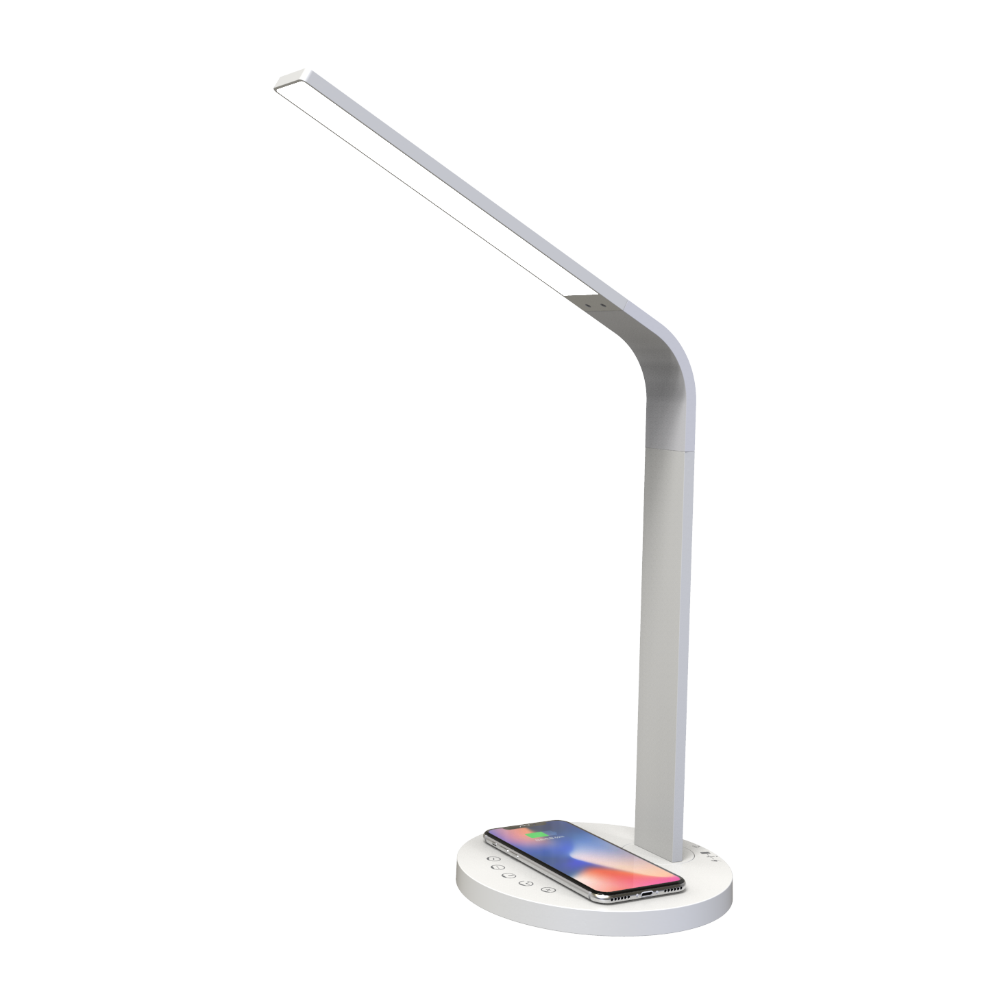 LED-skrivbordslampe med foldebar design, berøringsbaserte knapper og rask trådløs lader på 5 W/10 W, USB-ladeport