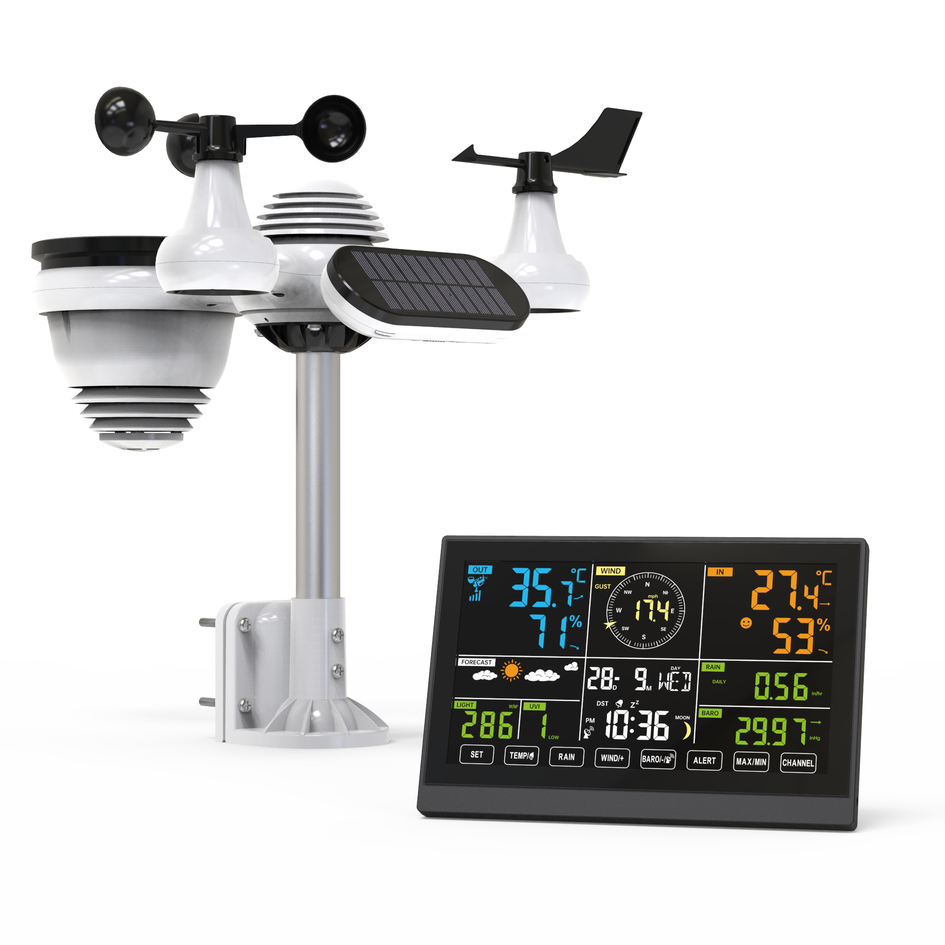Professional Weather Station 7 in 1 With UVI Light Intensity Solar Panel RCC Weather Forecast