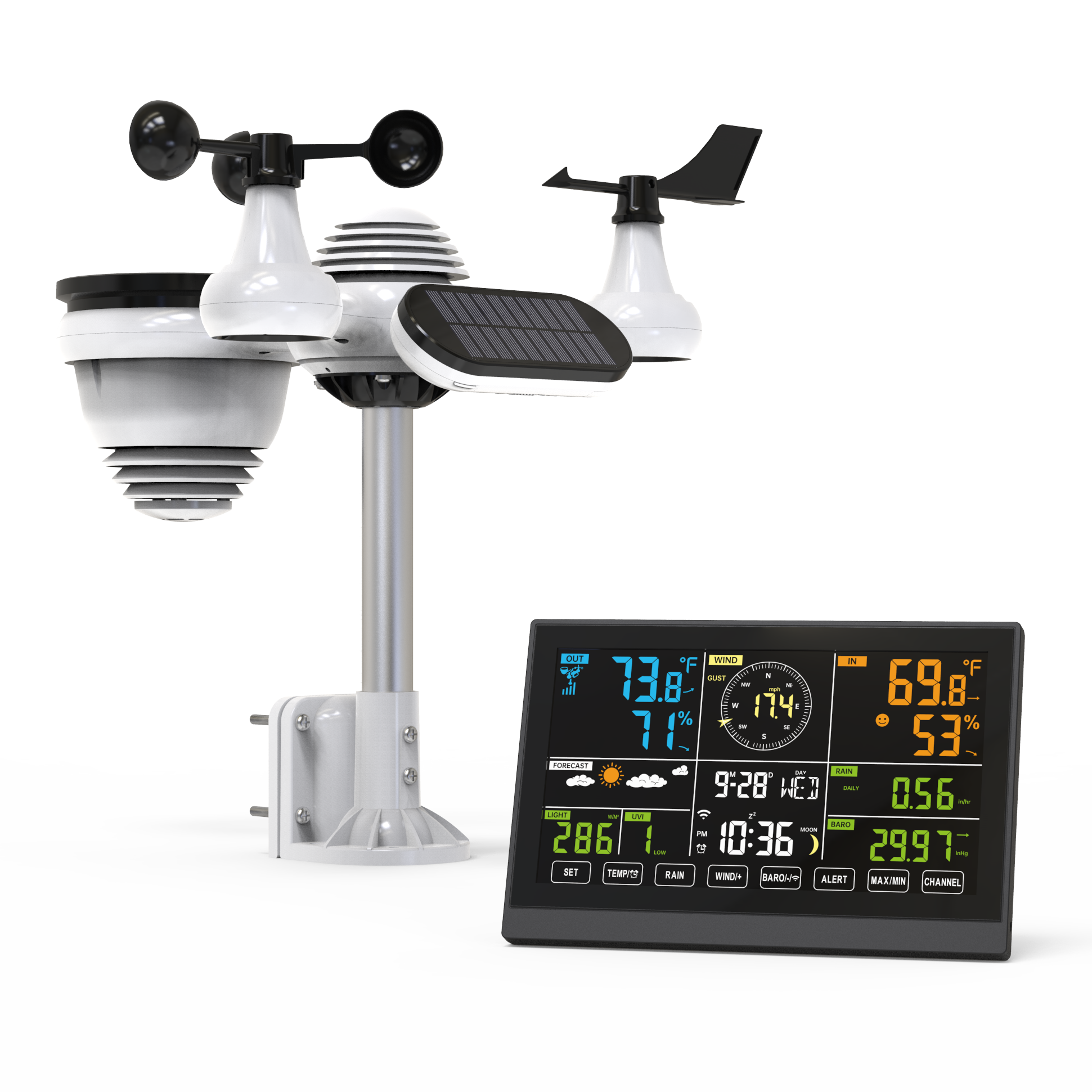 New WiFi Wireless Weather Station 10.2 Inch  Wind/Rain Gauge/UV Index Solar Panel 7 in 1 Professional Weather Station