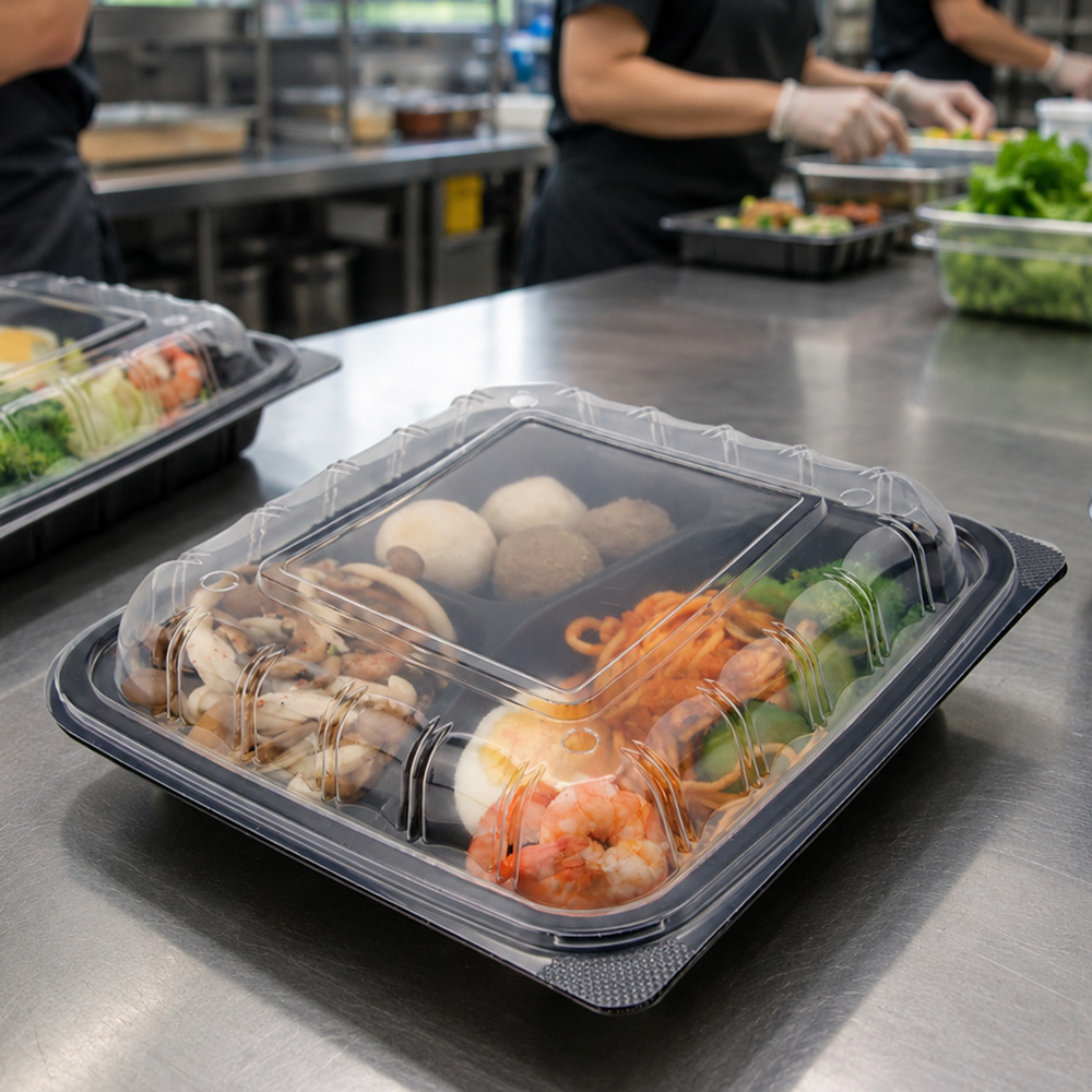 9x9 Inch PP Clamshell Lunch Box 3 Compartment Meal Prep Container Microwaveable BPA Free Disposable Food Container with Lid