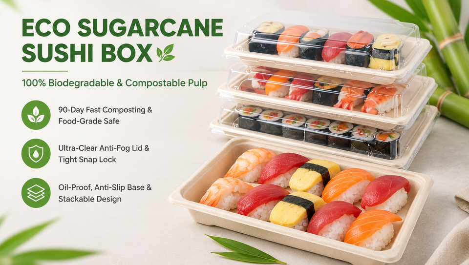 Custom 7.3 Inch Sugarcane Bagasse Sushi Tray with Clear PET Lid Disposable Biodegradable Food Container for Supermarket