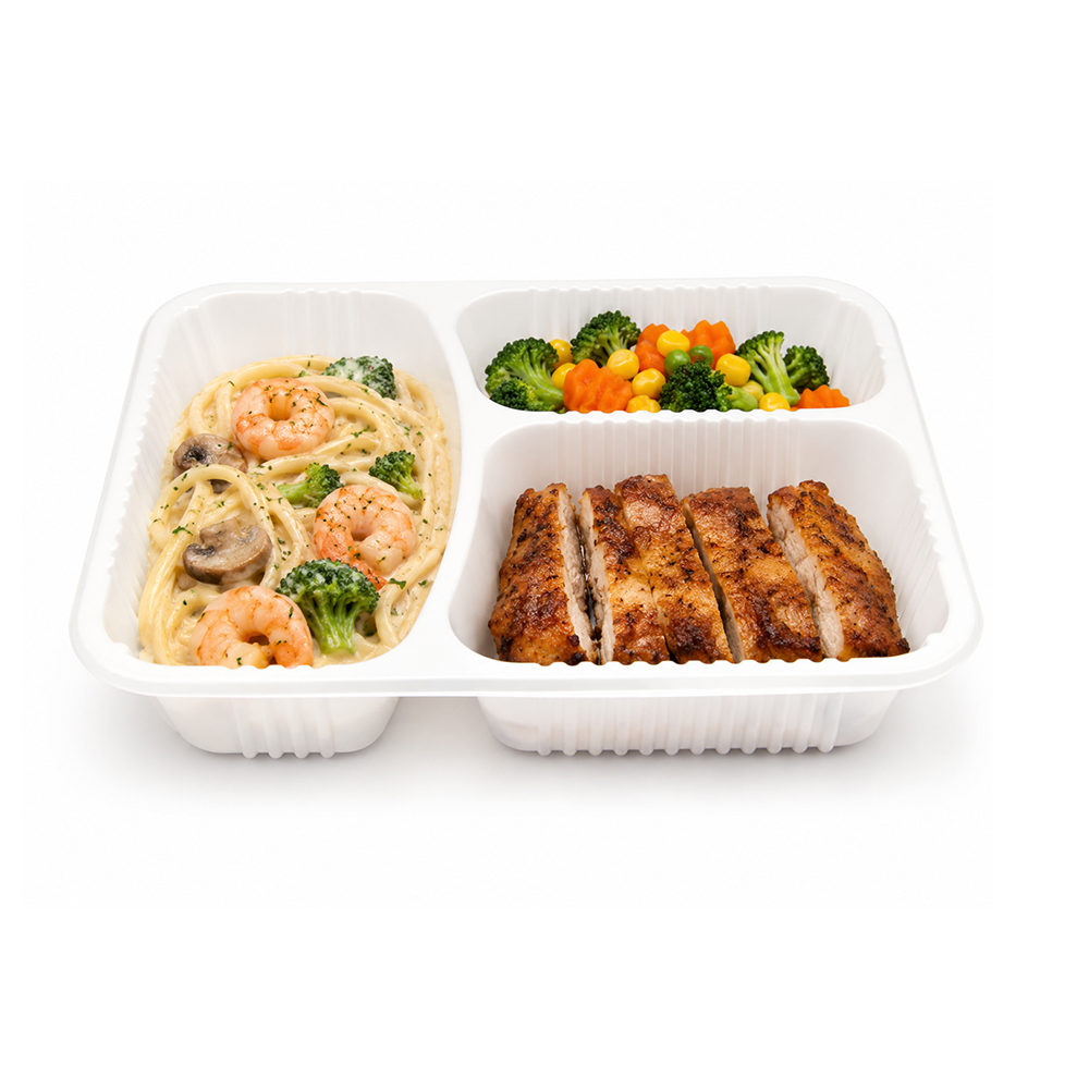 3-compartment sealable PP food tray packaging container for supermarkets