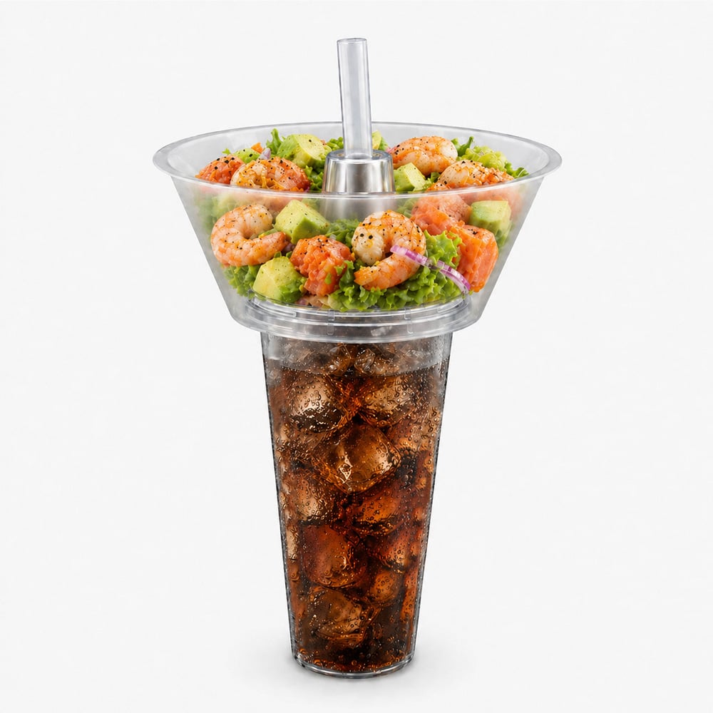 Disposable 3-in-1 Bubble Cup with Snack Bowl, Drink Holder, 24oz PP Plastic, 90mm Top, Takeaway Hotpot
