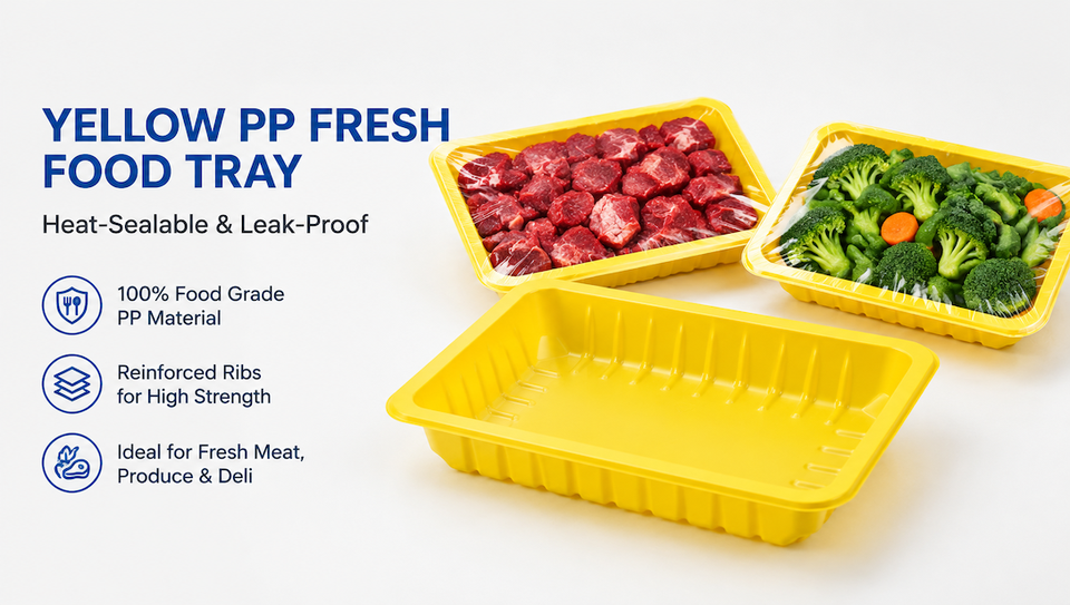 OEM 7.6 Inch 600ml Yellow PP Food Tray Heat Sealable Disposable Plastic Fresh Meat Seafood Vegetable Packaging Wholesale