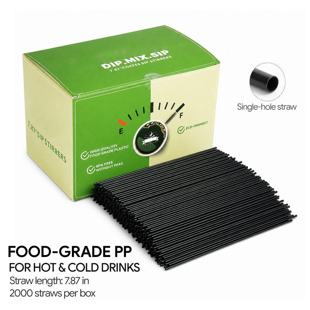 Wholesale Bulk 7.87“ Disposable Black Polypropylene Plastic 2-in-1 Sip Drink Sticks Coffee Stirrer Straws